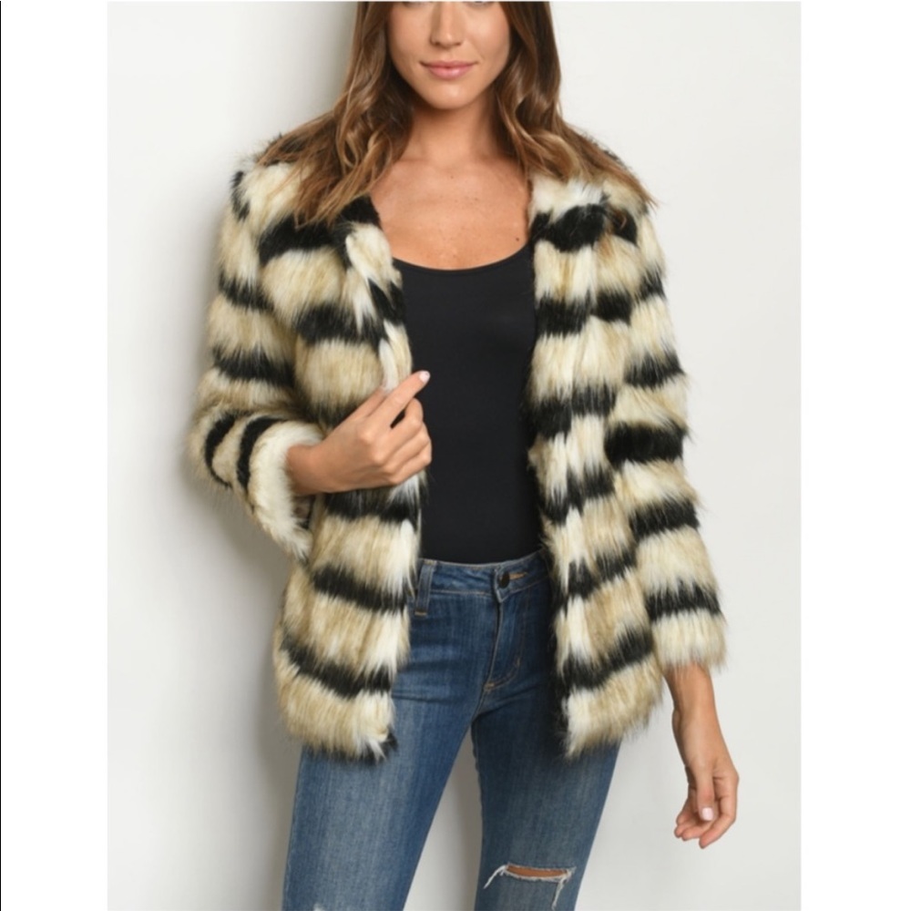 🔥🔥Tan and Black Striped Faux Fur Jacket various sizes
